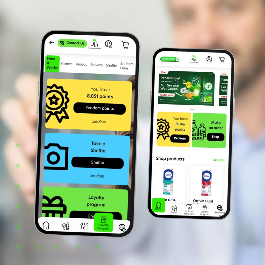 PharmaConnect mobile app showing points balance, ordering, Shelfie and loyalty program entries for pharmacies