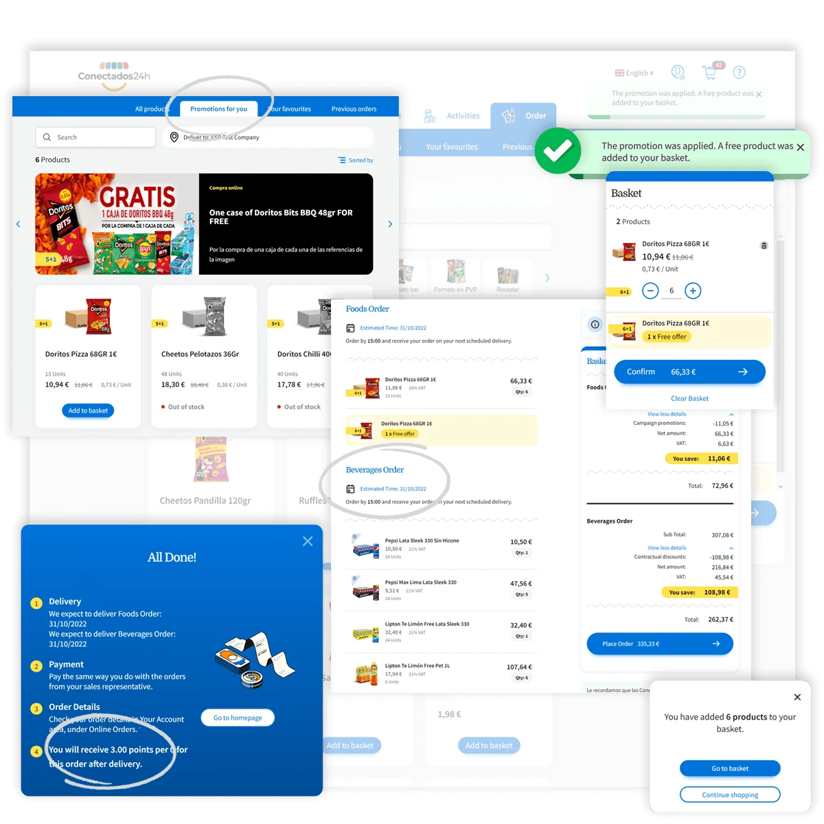 PepsiConnect B2B ordering interface showing promotions, product catalog, basket and order confirmation